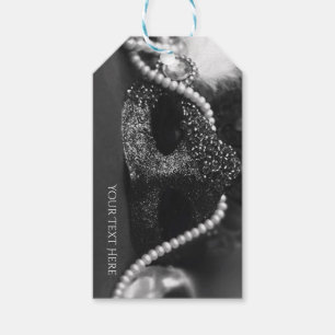 Étiquettes-cadeau Mascarade en noir et blanc Masque et perles Fête