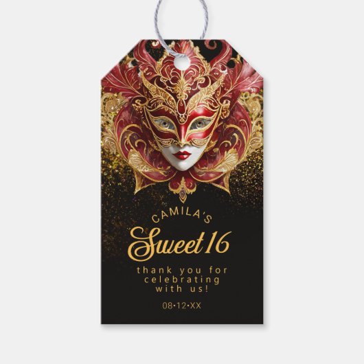 Étiquettes-cadeau Masquerade Sweet 16 Red Gold V2 ID1032 (Devant)