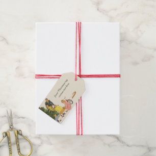 Étiquettes-cadeau Matin de Noël vintage, famille ouvrant des cadeaux