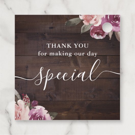 Étiquettes Cadeau Mauve violet bois rustique fleuri merci mariage (Dos)