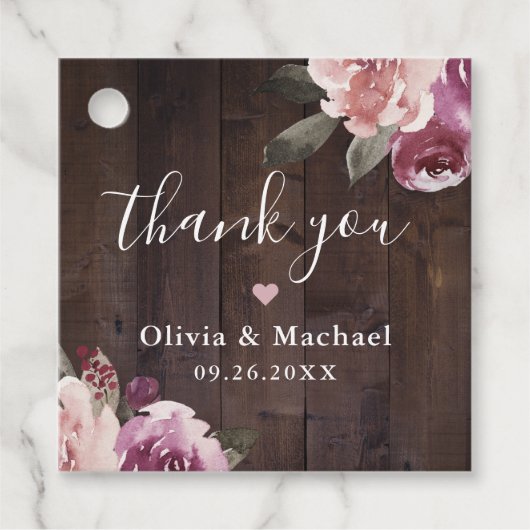 Étiquettes Cadeau Mauve violet bois rustique fleuri merci mariage (Devant)