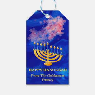 Étiquettes-cadeau Menorah élégant bleu et or Joyeux Hanukkah