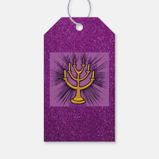 Étiquettes-cadeau Menorah Jaune Purple Faux Parties scintillant (Dos)