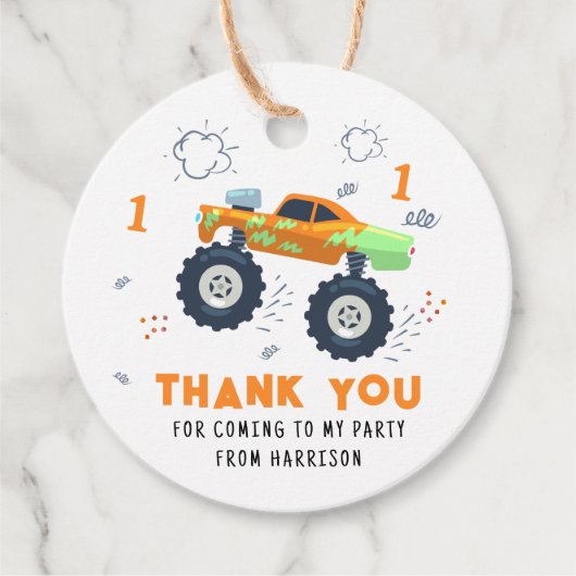 Étiquettes Cadeau Merci Anniversaire Moderne Monster Car Trucs Nom (Devant)