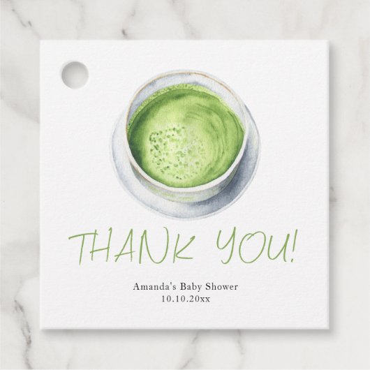 Étiquettes Cadeau Merci Baby shower en latte Matcha aquarelle (Devant)