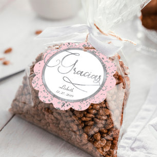Étiquettes Cadeau Merci cadeau Gracias Blush Pink Silver Confetti