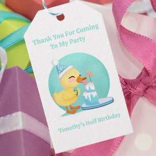 Étiquettes-cadeau Merci, canard bébé à moitié anniversaire avec gâte