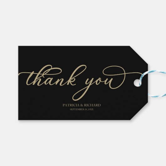 Étiquettes-cadeau Merci - Chic or script noir mariage (Devant (Horizontal))