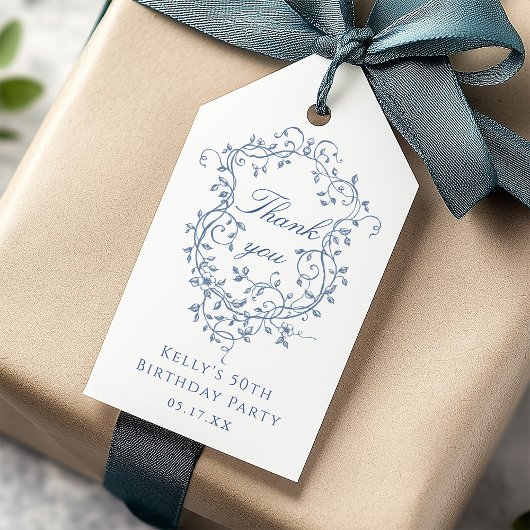 Étiquettes-cadeau Merci classique bleu Floral Crest
