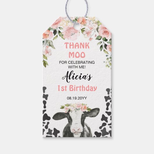 Étiquettes-cadeau Merci d'anniversaire de la vache Moo (Devant)