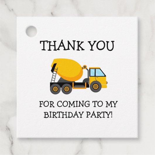 Étiquettes Cadeau Merci d'anniversaire du Camion ciment jaune (Devant)