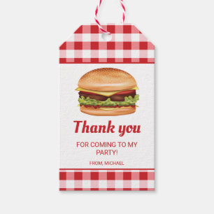 Étiquettes-cadeau Merci d'anniversaire Hamburger sur Gingham Rouge