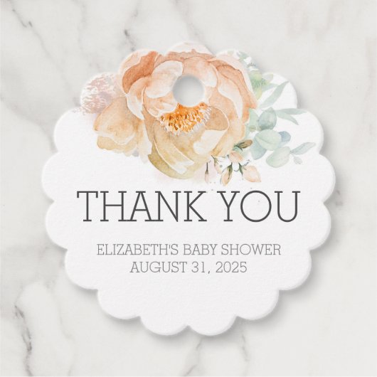 Étiquettes Cadeau Merci de Baby shower à fleurs de pêche (Devant)