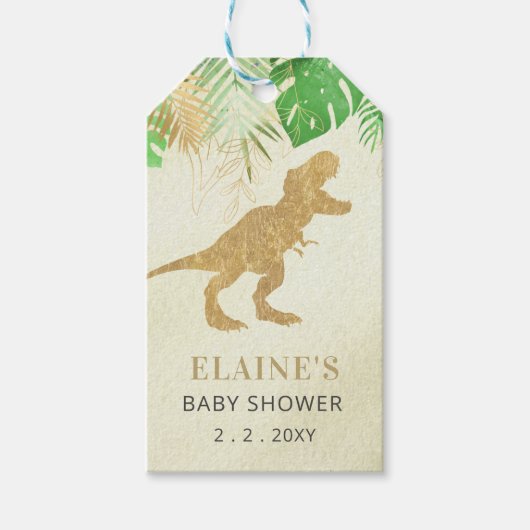 Étiquettes-cadeau Merci de Baby shower de dinosaure d'or (Devant)