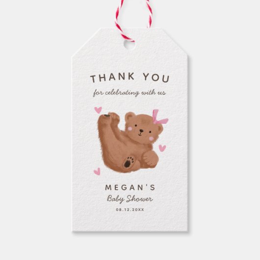 Étiquettes-cadeau Merci de Baby shower fille ours mignonne (Devant)