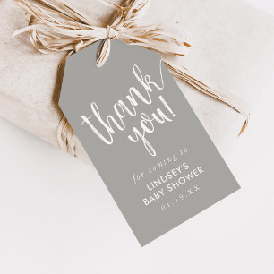 Étiquettes-cadeau Merci de Baby shower gris-lettres à la main préfér