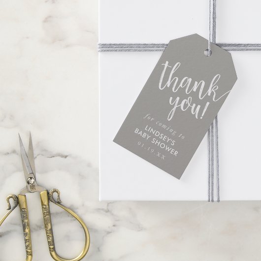 Étiquettes-cadeau Merci de Baby shower gris-lettres à la main préfér