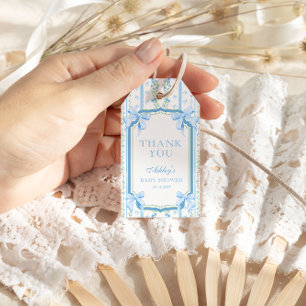 Étiquettes-cadeau Merci de Baby shower Vintage Floral Bleu et Bow