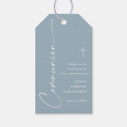 Étiquettes-cadeau Merci de communion moderne Dusty Blue Favor (Devant)