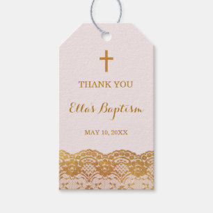 Étiquettes-cadeau Merci de dentelle rose or Baptême Tags