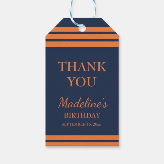 Étiquettes-cadeau Merci de fête d'anniversaire Bleu Orange Navy (Devant)