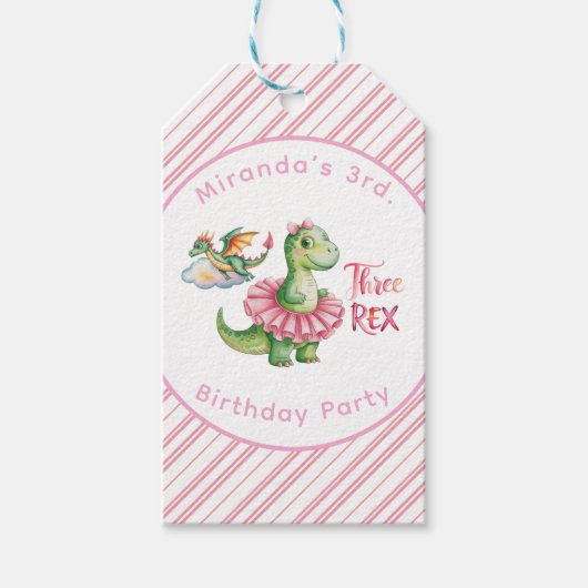 Étiquettes-cadeau Merci de fête d'anniversaire de trois Rex Girl (Devant)