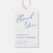 Étiquettes-cadeau Merci de Fête des mariées de script bleu (Devant)