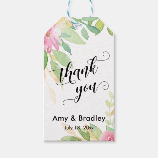 Étiquettes-cadeau Merci de script de fleurs roses Mariage personnali (Devant)