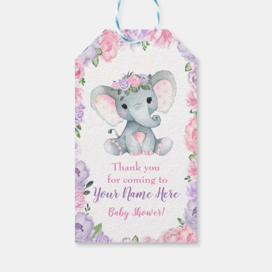 Étiquettes-cadeau Merci d'éléphant rose violet balise Fleurs rustiqu (Dos)