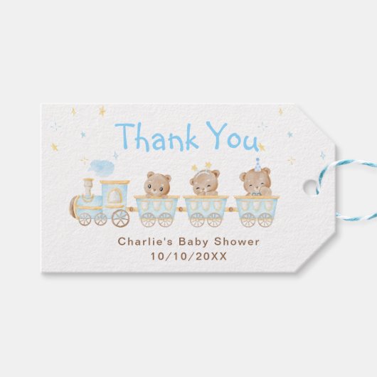 Étiquettes-cadeau Merci du Baby shower du train Bear Blue (Devant (Horizontal))