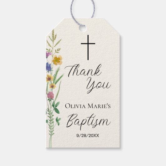 Étiquettes-cadeau Merci du baptême Fleur sauvage rustique (Devant)