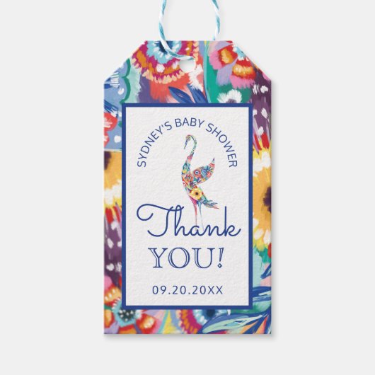 Étiquettes-cadeau Merci Floral Botanical Stork Baby Boy Douche (Devant)