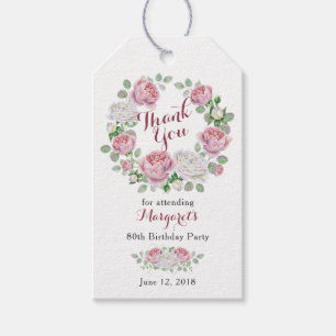 Étiquettes-cadeau Merci floral d'anniversaire de rose de rose de