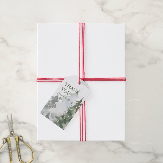 Étiquettes-cadeau Merci forestier à feuillage persistant d'hiver (Avec de la ficelle)