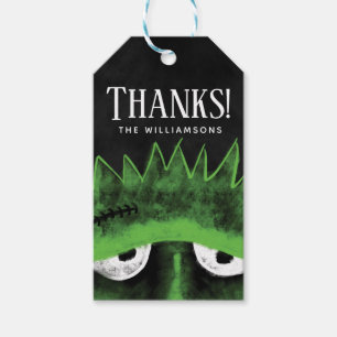 Étiquettes-cadeau Merci Frankenstein noir et vert Halloween de