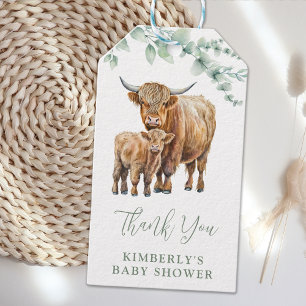 Étiquettes-cadeau Merci Highland Cow Boho Baby shower vert