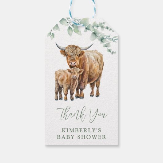 Étiquettes-cadeau Merci Highland Cow Boho Baby shower vert (Dos)