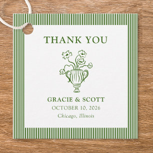 Étiquettes Cadeau Merci Mariage à rayures fleuries vert classique