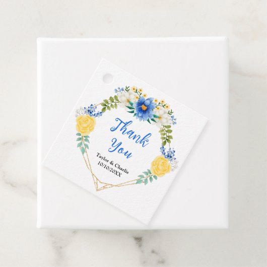 Étiquettes Cadeau Merci Mariage bleu et jaune (En situation)