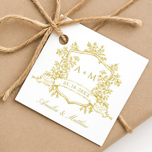Étiquettes Cadeau Merci Mariage classique Floral Crest Gold