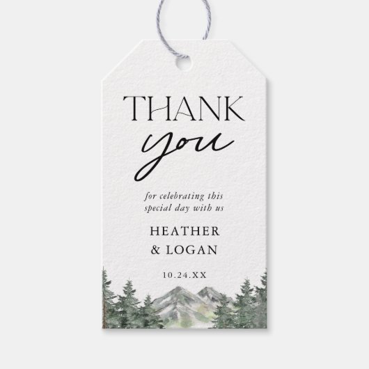 Étiquettes-cadeau Merci Mariage de montagne Pine Tree (Devant)