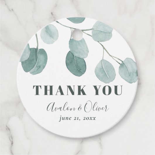 Étiquettes Cadeau Merci Mariage d'Eucalyptus en argent (Devant)