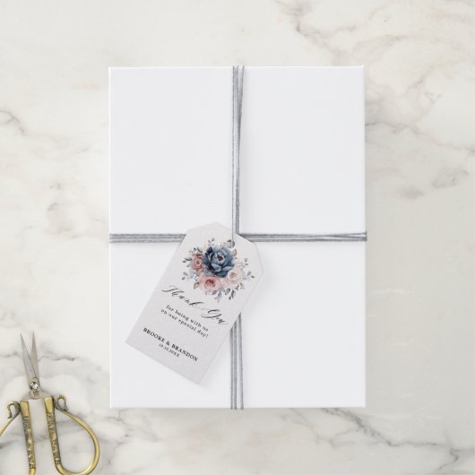 Étiquettes-cadeau Merci Mariage en ardoise rose Rose bleu Dusty (Avec de la ficelle)