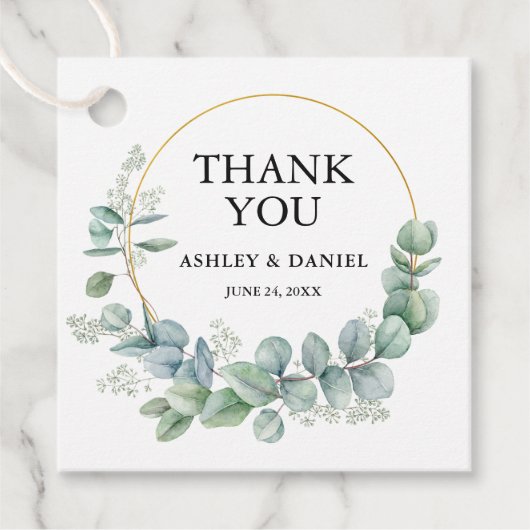 Étiquettes Cadeau Merci Mariage Eucalyptus Or moderne (Devant)