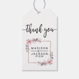 Étiquettes-cadeau Merci Mariage floral à cadre bleu et Rose or
