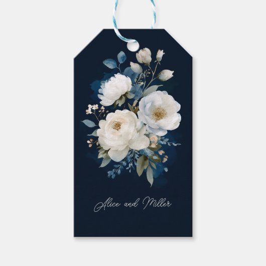 Étiquettes-cadeau Merci Mariage floral bleu et blanc (Devant)