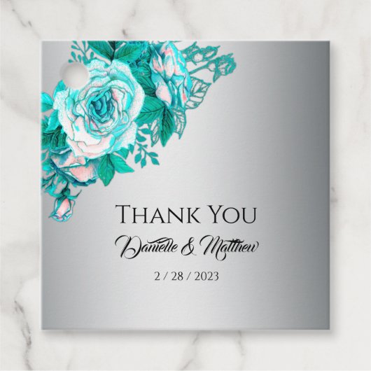 Étiquettes Cadeau Merci Mariage Rose d'argent et d'aqua (Devant)