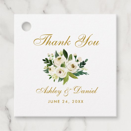 Étiquettes Cadeau Merci Mariage vert blanc Floral Or (Devant)