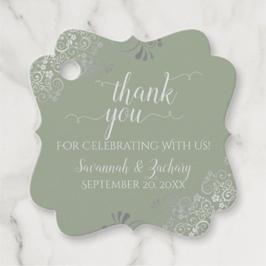 Étiquettes Cadeau Merci Mariage vert et gris argenté Frilly Sage (Devant)