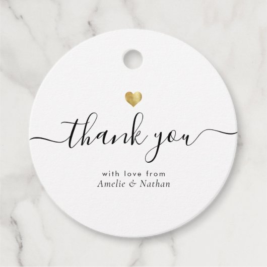 Étiquettes Cadeau Merci moderne Script Chic Gold Heart Mariage (Devant)